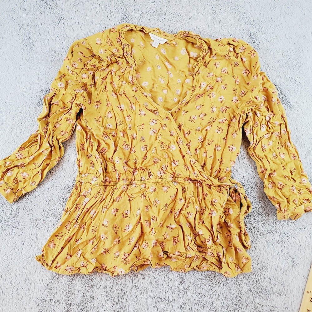VTG Lucky Brand Floral Wrap Top Womens Sz M‎ Peplum Surplice Long Sleeve Yellow